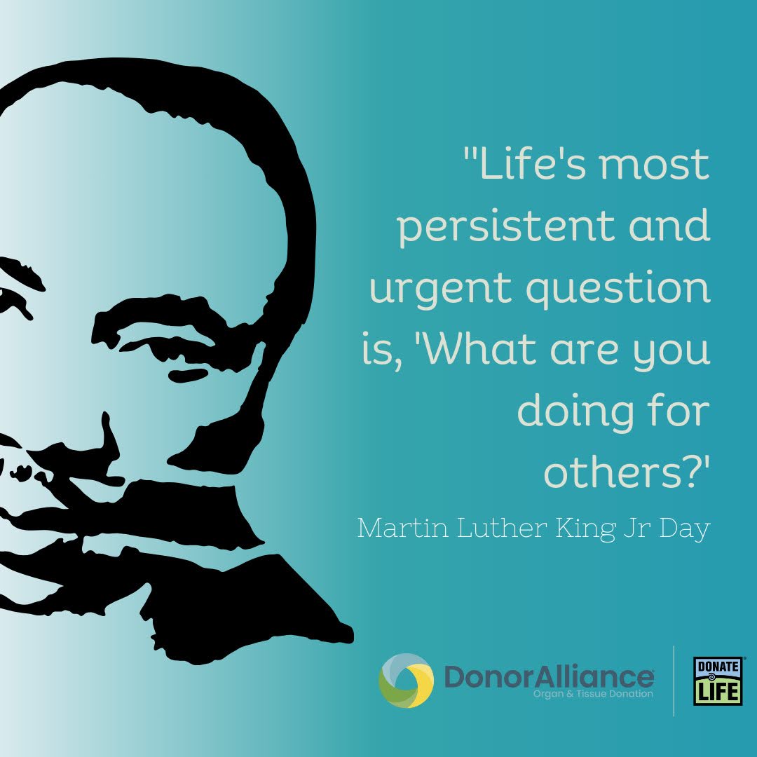 Graphic with a stylized portrait of Martin Luther King Jr. and a quote: 'Life's most persistent and urgent question is, 'What are you doing for others?