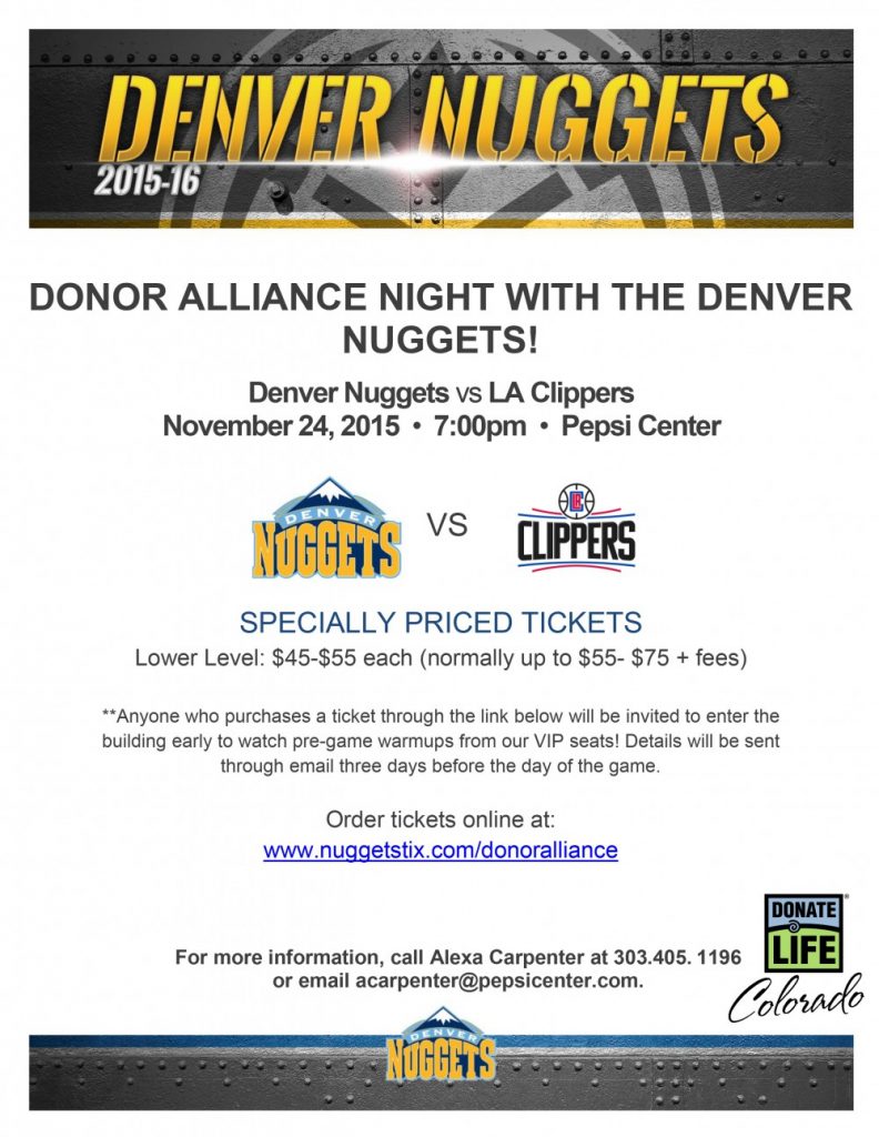 Nuggets Tickets Flyer Donor Alliance